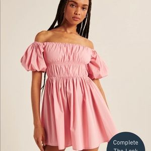 Abercrombie and Fitch Off-the-shoulder puff sleeve pink mini dress